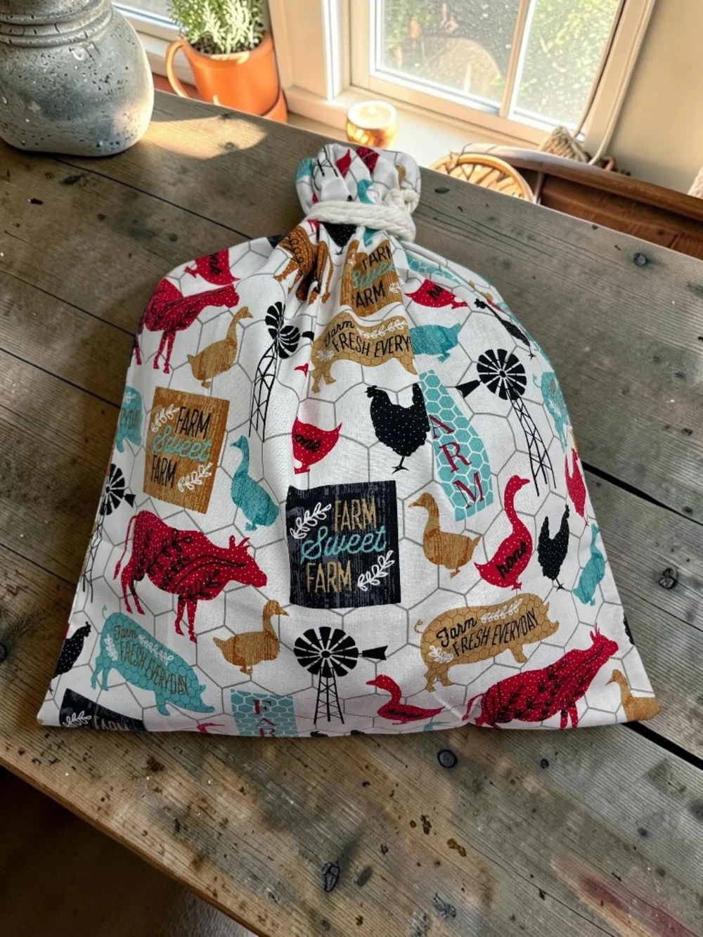 Farm Animal Cotton Bread Bag & Matching Tea Towel and Regular Mason Jar Bonnet